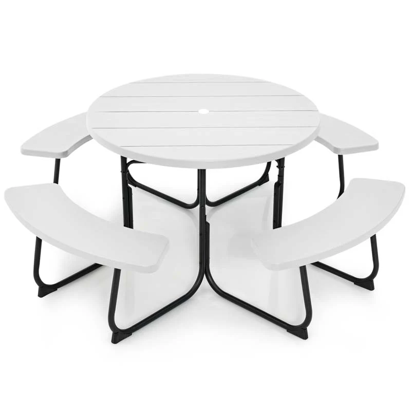 8 Person HDPE Outside Table & Bench Set, Outdoor Round Picnic Table with 4 Built-in Benches, Umbrella Hole, Metal Frame
