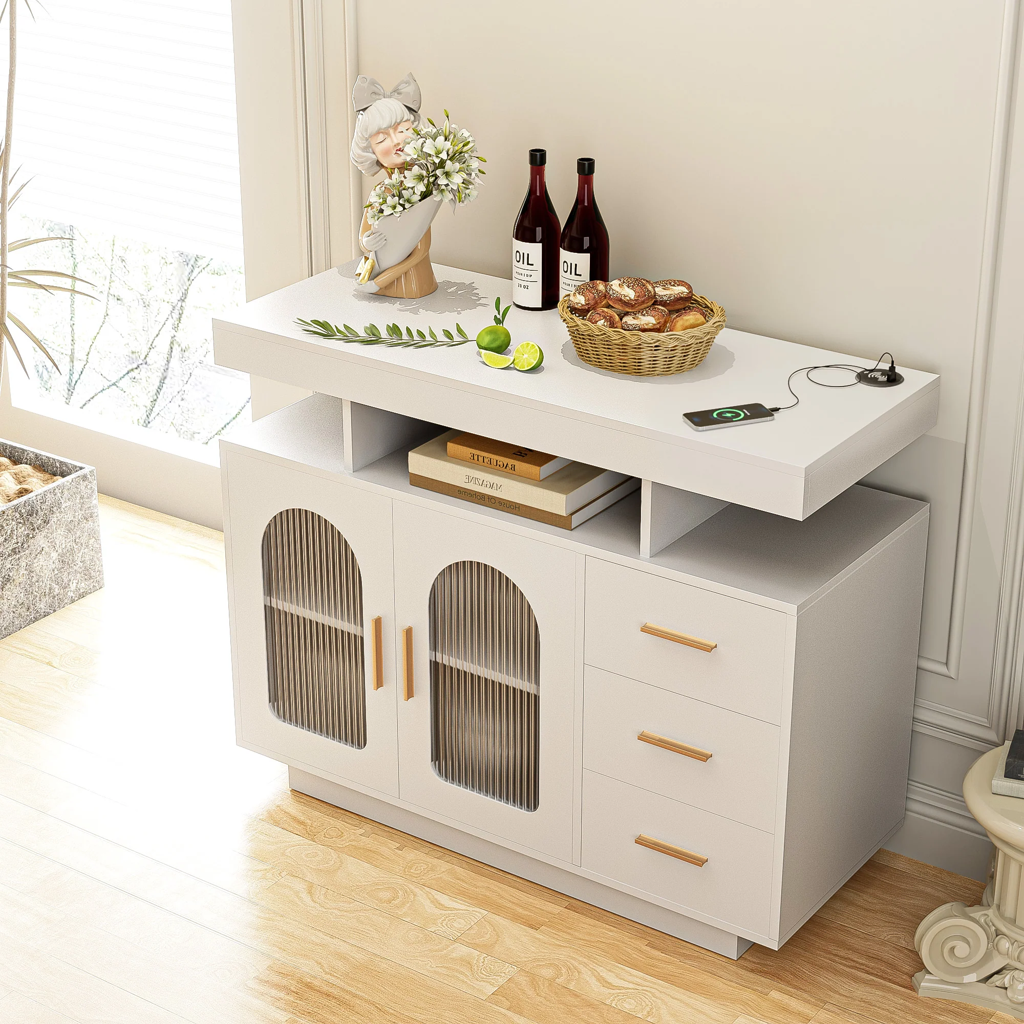 LED Sideboard Buffet Cabinet w/Charging Station