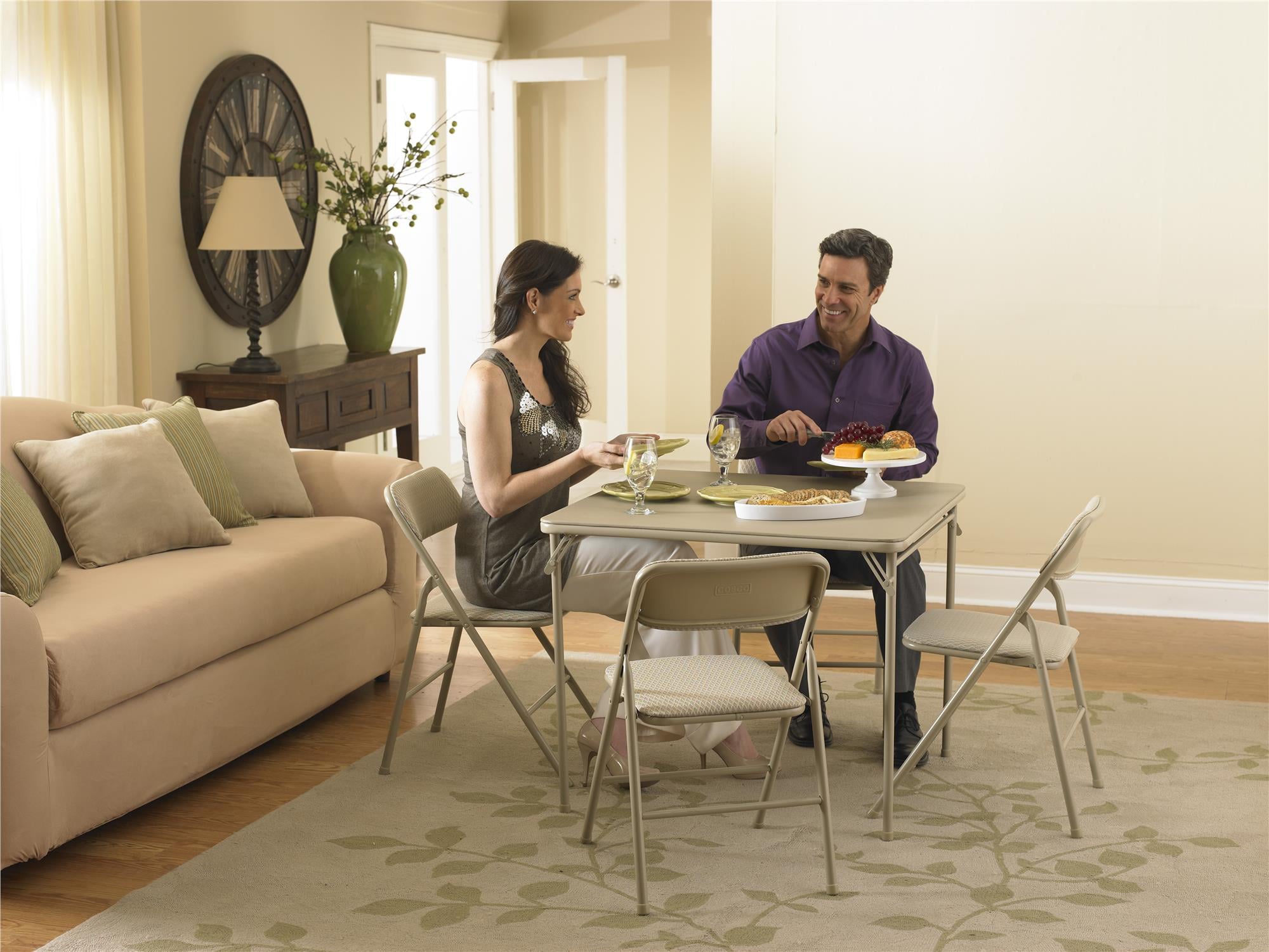 5-Piece Folding Dining Set with Card Table and 4 Fabric Padded Chairs, Tan
