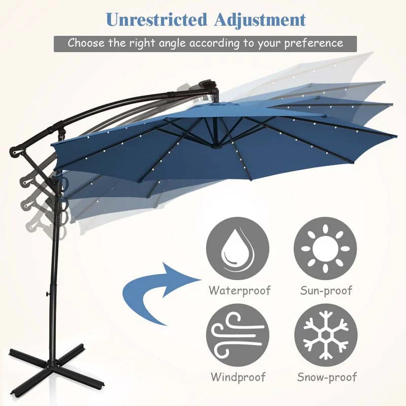 10 FT Patio Offset Umbrella with Solar Lights 360�� Rotation Outdoor Market Umbrella with Crank Handle & Cross Base