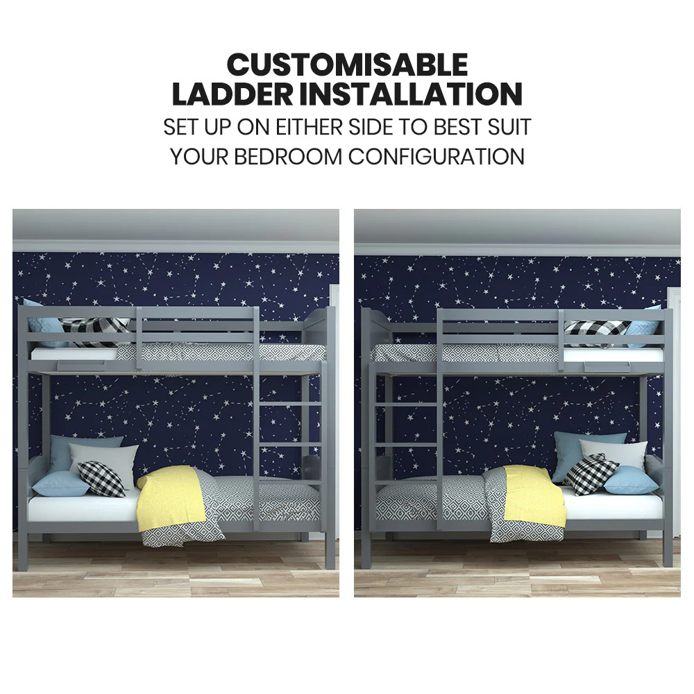 KINGSTON SLUMBER Single Bunk Bed Frame, Solid Pine 2-in-1 Modular Design Convert to 2 Single Beds, Grey