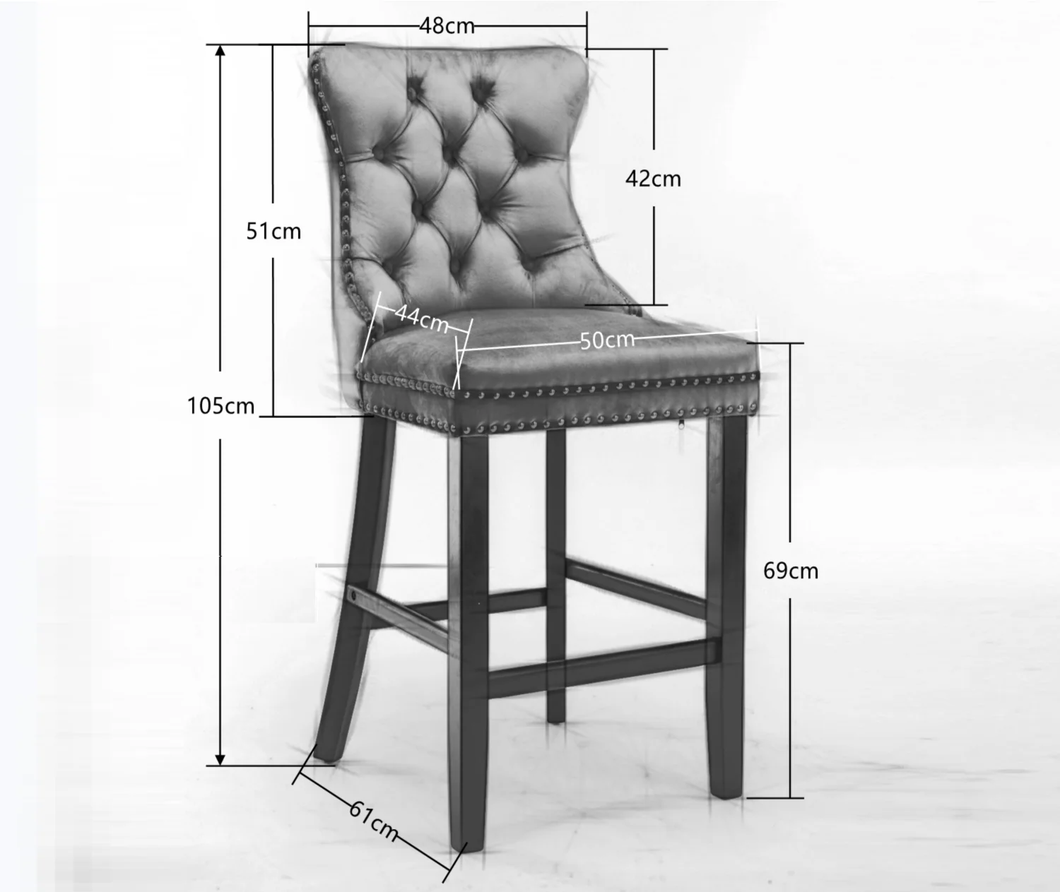 6X Velvet Bar Stools with Studs Trim Wooden Legs Tufted Dining Chairs Kitchen