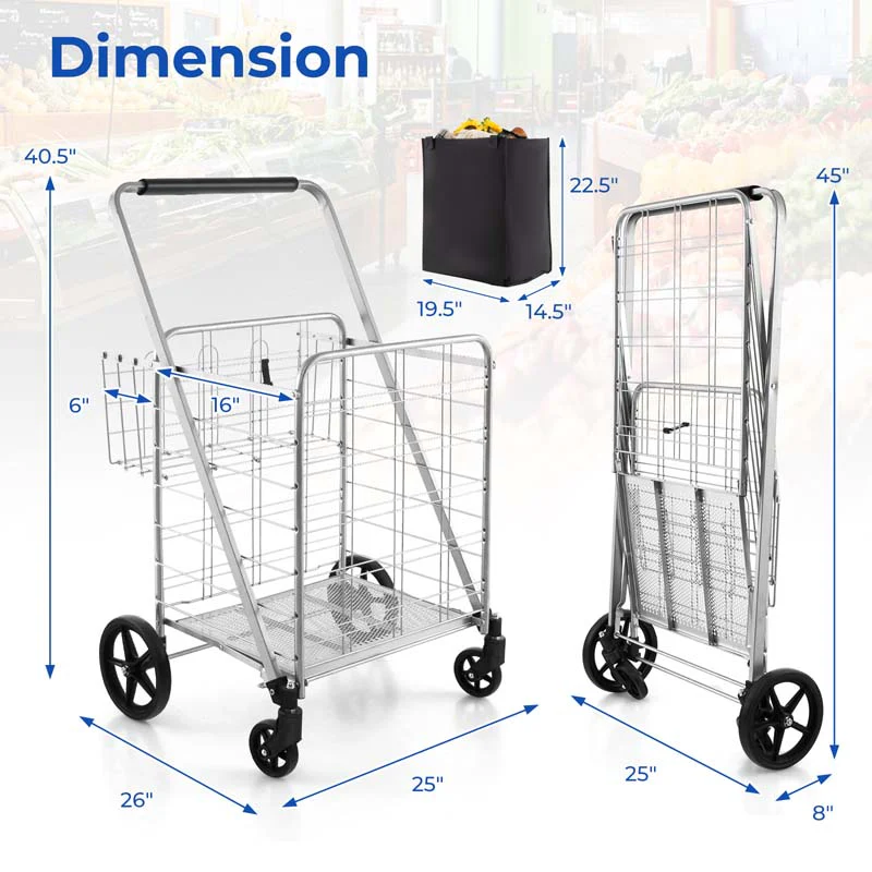 27.5 Gallon Jumbo Folding Shopping Cart with Waterproof Liner & Double Basket, Heavy Duty Portable Utility Cart for Grocery Market Laundry