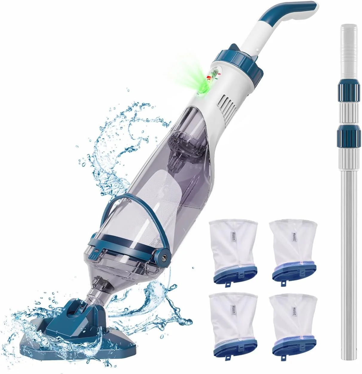 Pool Vacuum for Above Ground Pool with a Telescopic Pole, Running time up to 1H, T403 Handheld Rechargeable Pool Cleaner with Powerful Suction up to 18.5 gallons/min, Ideal for Leaves, Debris