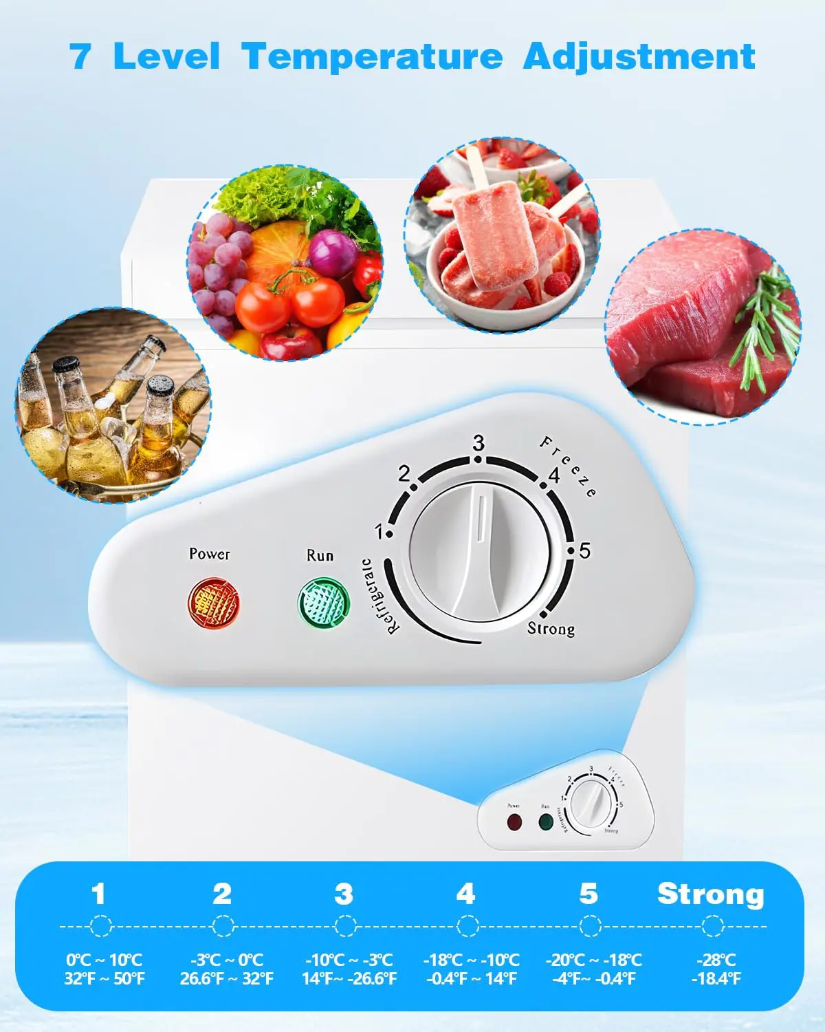 3.5 Cu.Ft Chest Freezer with a Removable Basket 7 Gears Adjustable Temperature Control(-18F to -46F), Deep Compact Freezer for Garage, Office, Basement, House, Kitchen, Shop, RVs-White