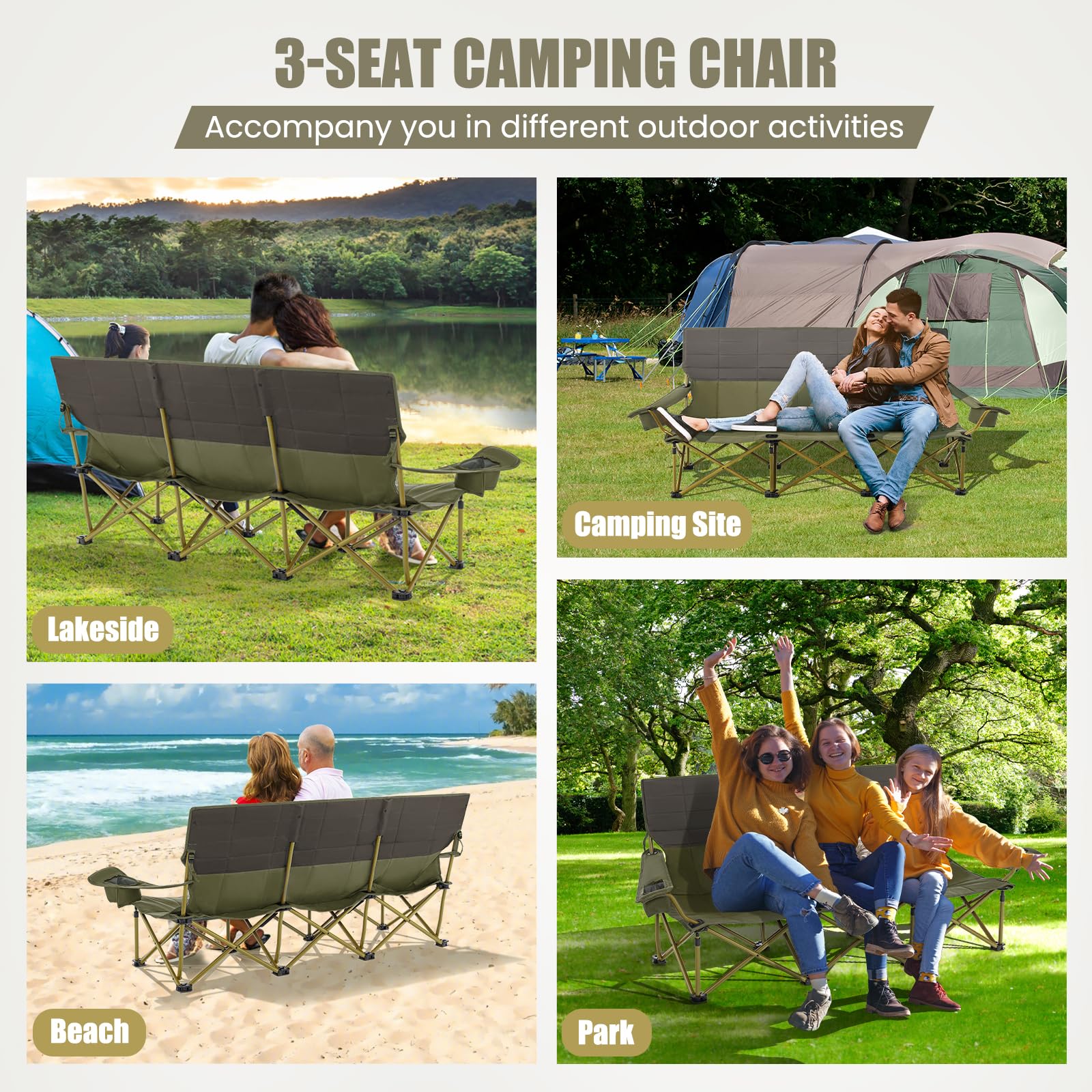 3 Person Camping Chair for Adults, Outdoor Folding Oversized Camping Couch Chair (3-Person Seat)