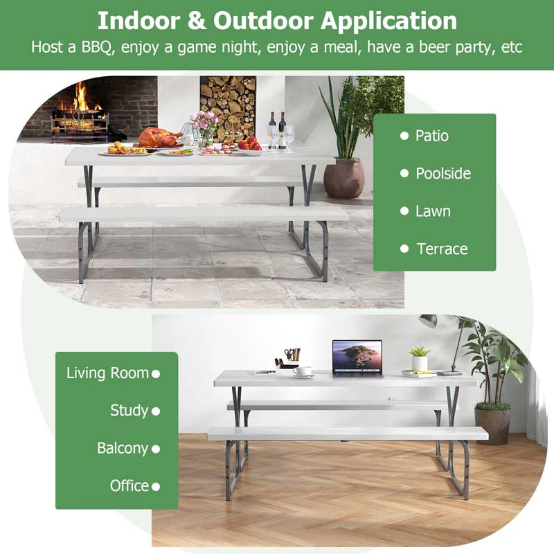 6 FT 8-Person Outdoor Large Picnic Table Bench Set with Umbrella Hole, Metal Frame, All-Weather HDPE Tabletop