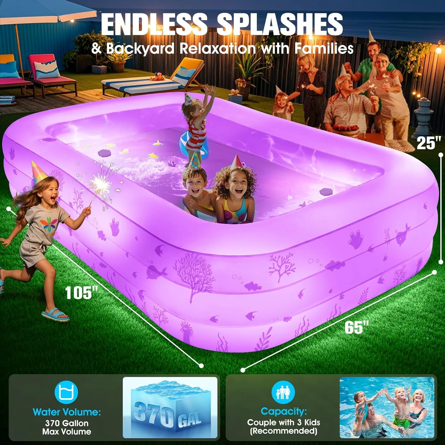 Inflatable Pool with Seat and Pool Lights, Durable Thickened Large Size Family Inflatable Pools for Adults Blow Up Pools,105