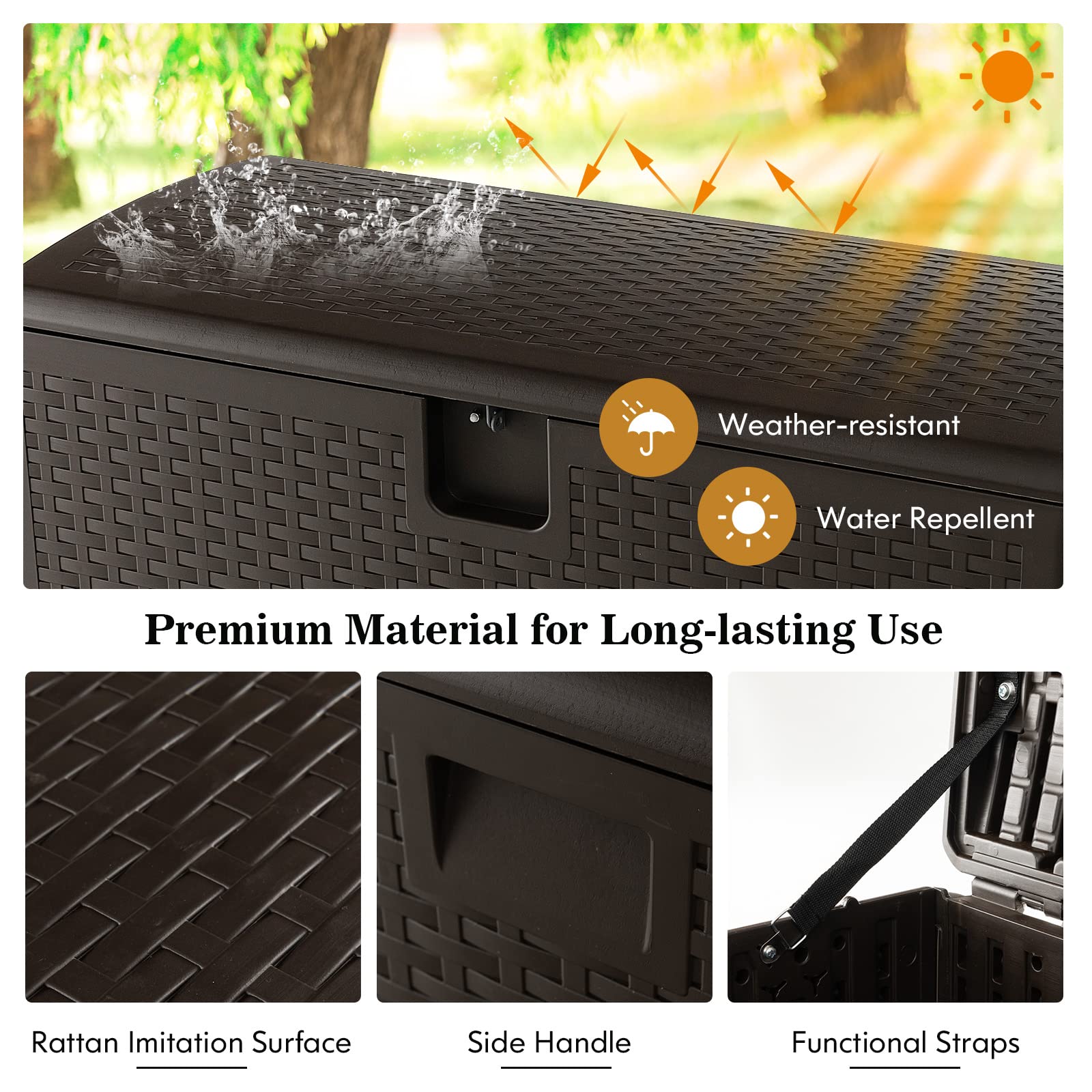 Outdoor Storage Box, 31 73 100 Gallon Waterproof Resin Patio Storage Box with Lockable Lid, Side Handle for Pillows, Cushions