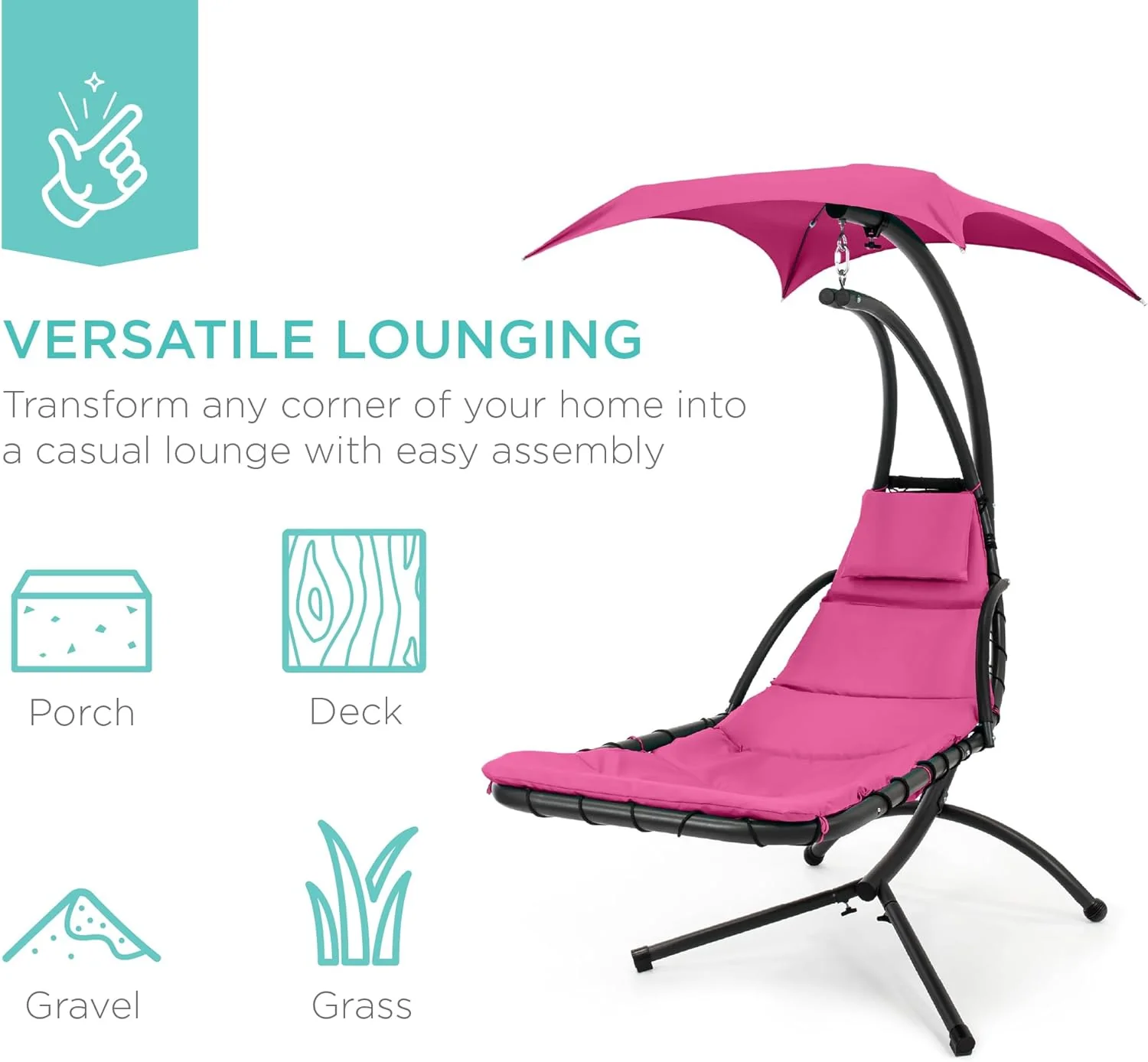 Best Choice Products Outdoor Hanging Curved Steel Chaise Lounge Chair Swing w/Built-in Pillow and Removable Canopy - Charcoal Gray