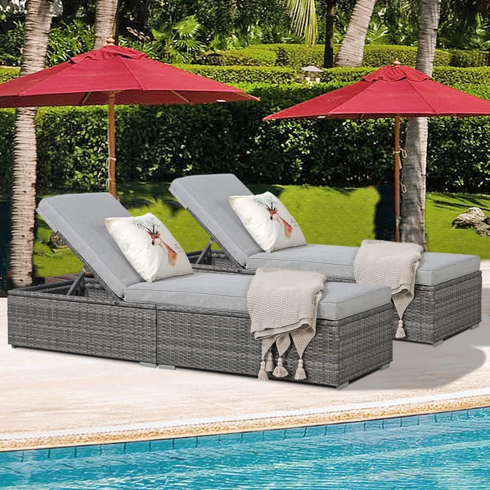 Patiorama Outdoor Patio Lounge Chair, Elegant Reclining Adjustable Pool Rattan Chaise Chair with Beige Cushion, Brown PE Wicker, Steel Frame, Set of 2