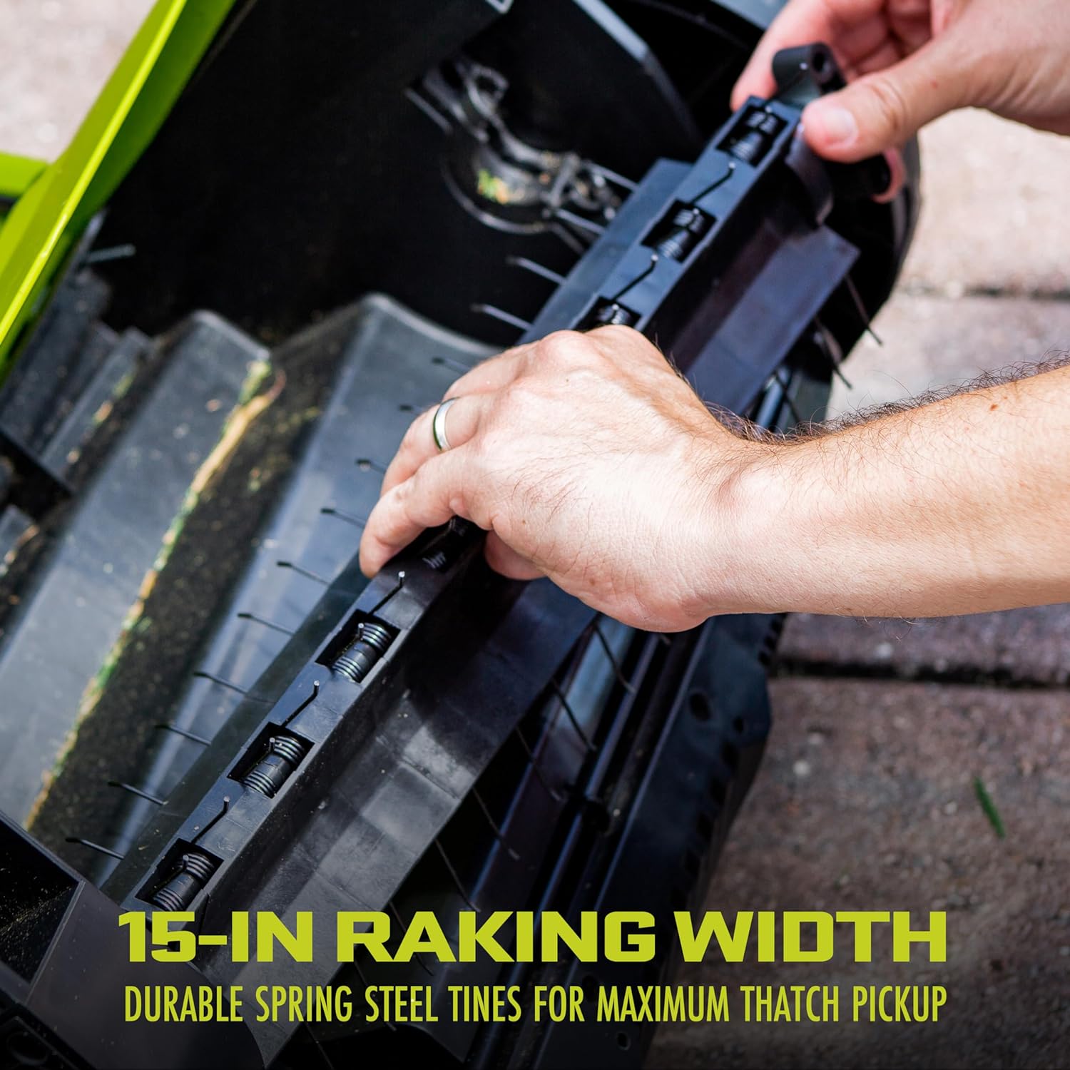 AJ805E 15-Inch 13-Amp Electric Dethatcher and Scarifier w/Removeable 13.2-Gal Collection Bag, 5-Position Height Adjustment, Airboost Technology Increases Lawn Health, Green