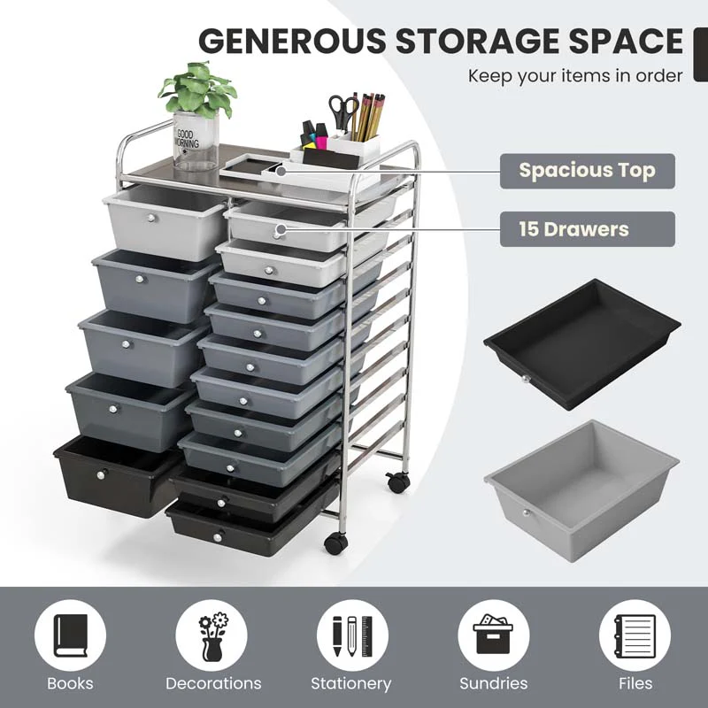 15-Drawer Storage Drawer Cart Tools Scrapbook Paper Organizer Cart Office School Utility Cart Rolling Storage Cart with Wheels