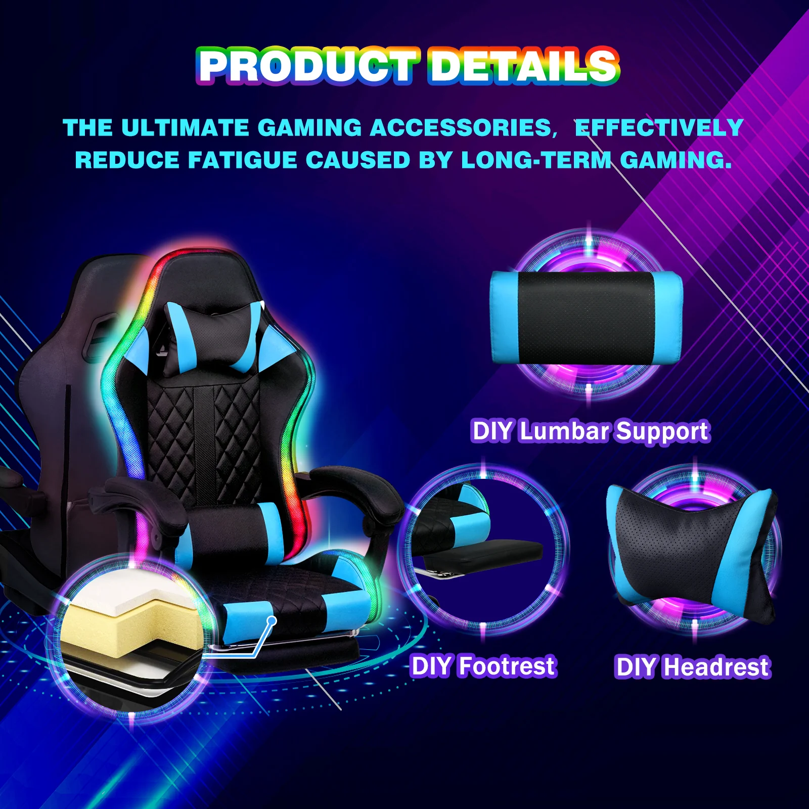 Gaming Chair 12 RGB LED Massage Chair Blue