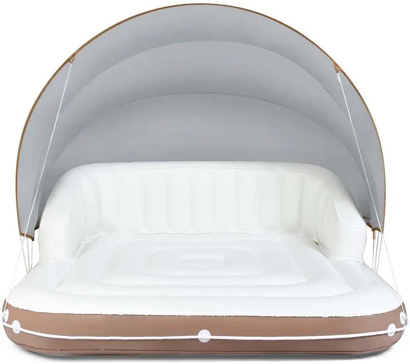 Giant Inflatable Pool Float Lounge Swimming Floating Island Raft with Retractable Canopy & 2 Cup Holders