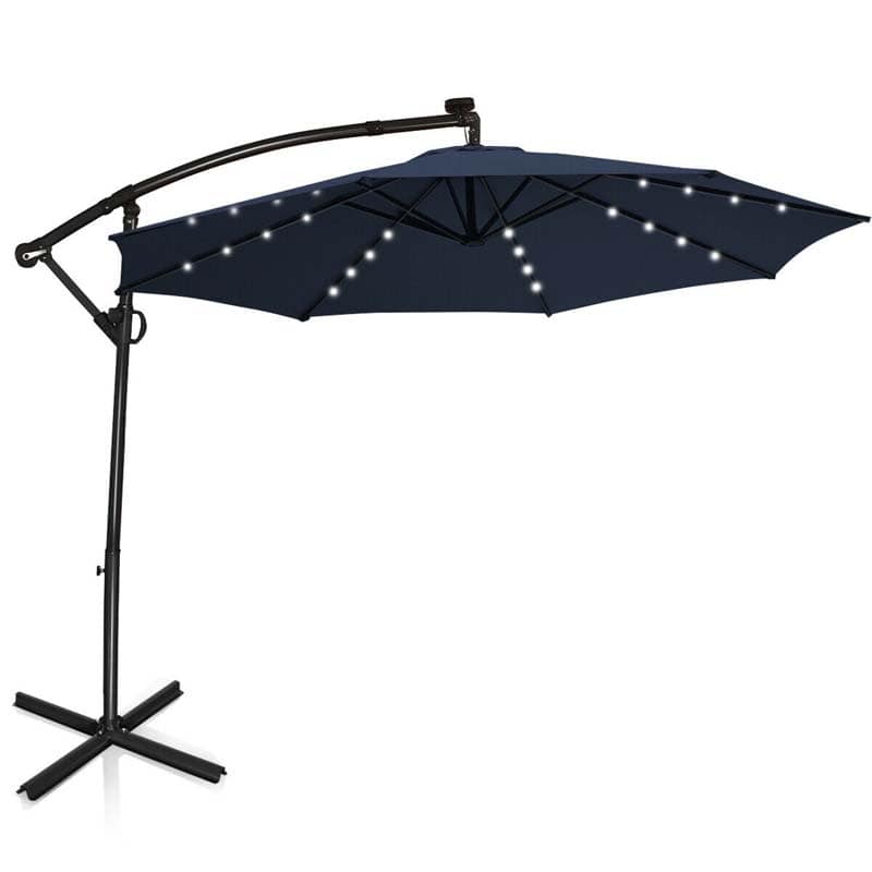 10 FT Patio Offset Umbrella with Solar Lights 360�� Rotation Outdoor Market Umbrella with Crank Handle & Cross Base