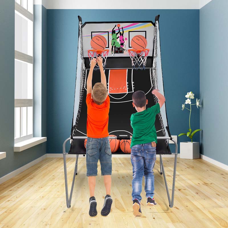 2 Player Foldable Basketball Arcade Game with 4 Balls, Indoor Double Shot Electronic Basketball Game