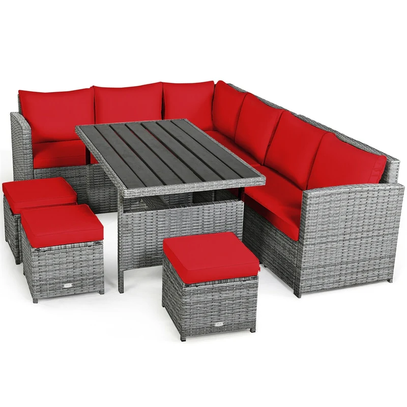 7 PCS Resin Wicker Outdoor Sectional Sofa Set Rattan Patio Seating Group with Dining Table, Ottomans & Cushions