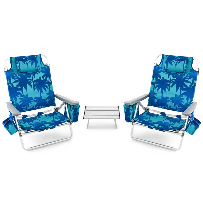 2 Pack 5-Position Outdoor Folding Backpack Beach Chair & Table Set, Patio Lawn Camping Chair Beach Sling Chair