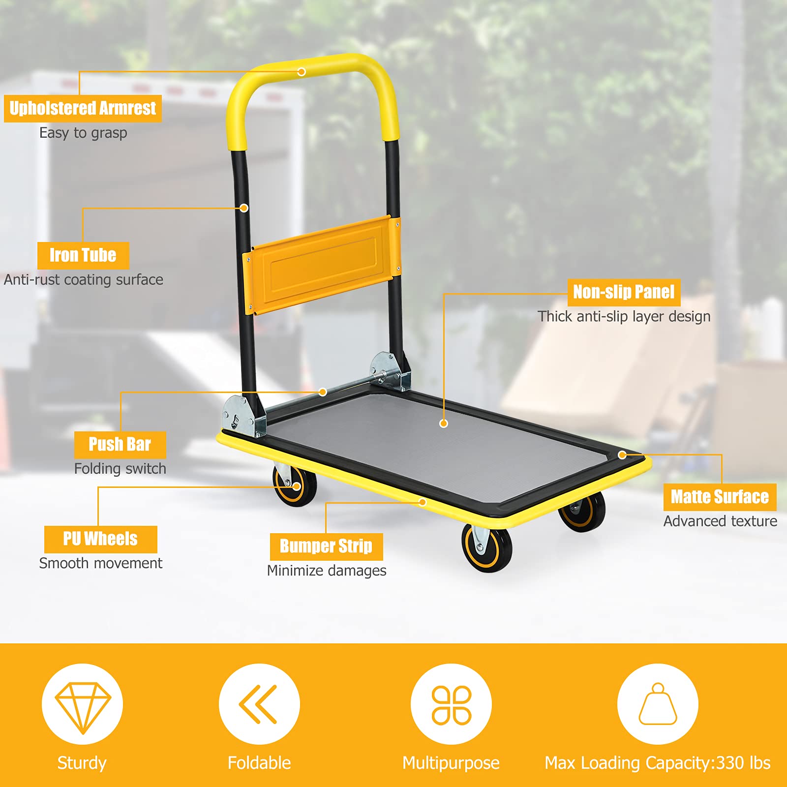 Folding Platform Cart, 330LBS Rolling Flatbed Cart Hand Platform Truck Push Dolly for Loading, Yellow