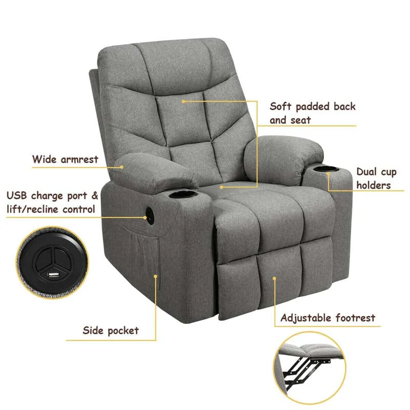 Heated Power Lift Recliner Fabric Massage Reclining Sofa, Elderly Lift Chair with 8 Point Massage, 2 Side Pockets Cup Holders, USB Port