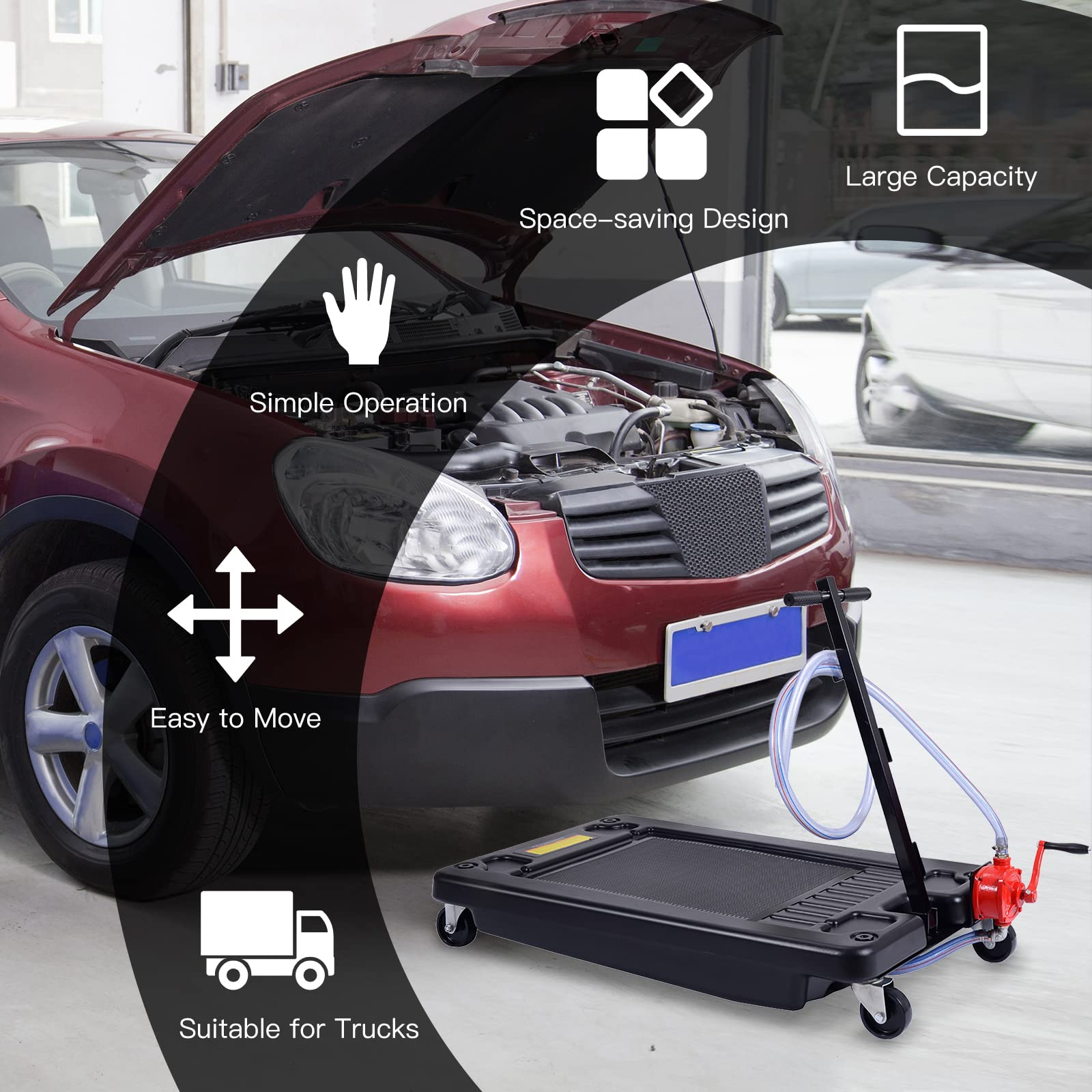 Portable Oil Drain Pan with Pump 17 Gallon Low Profile Oil Change Pan for Truck Car with 8' Hose