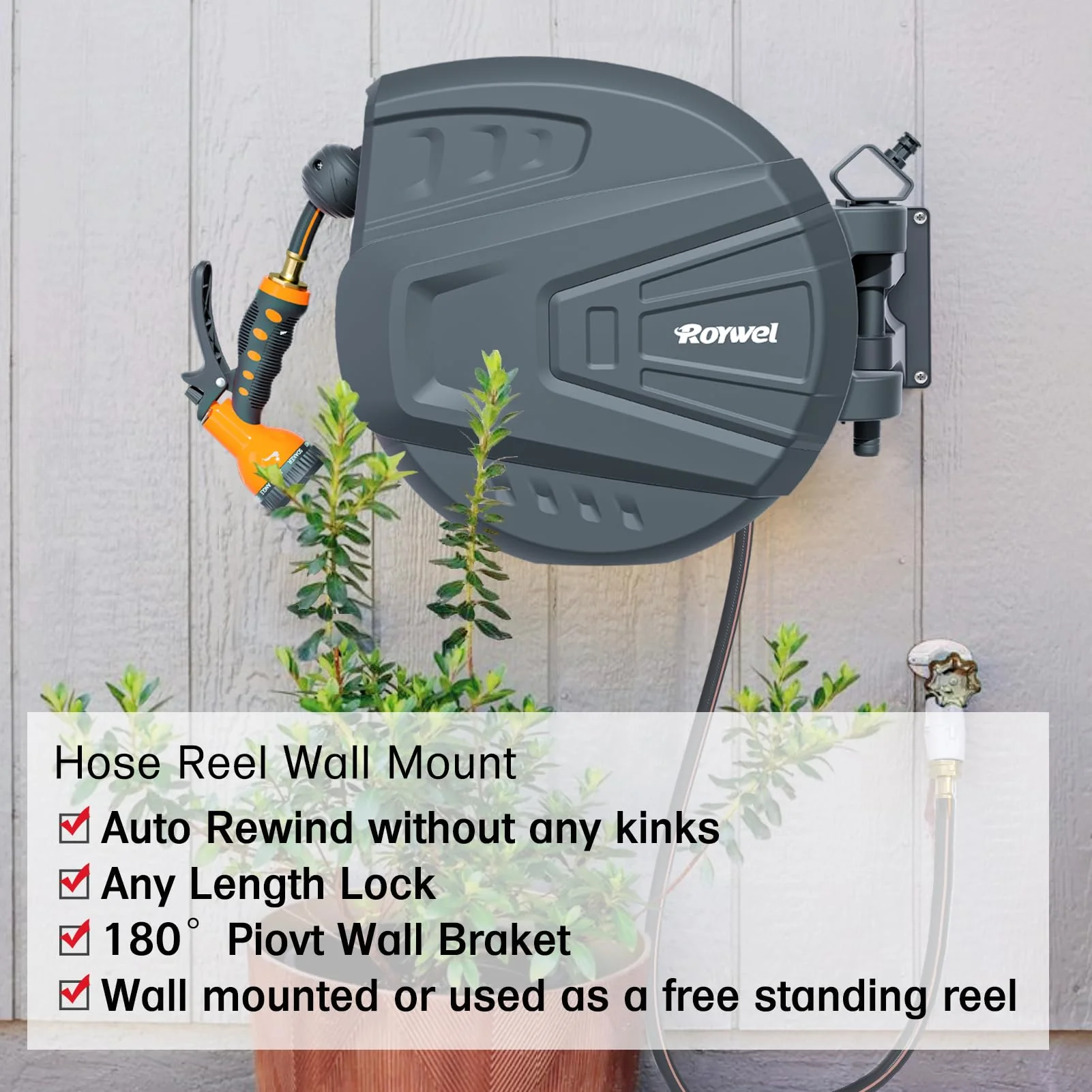 Roywel Garden Hose Reel with Retractable Hose 65ft x 1/2