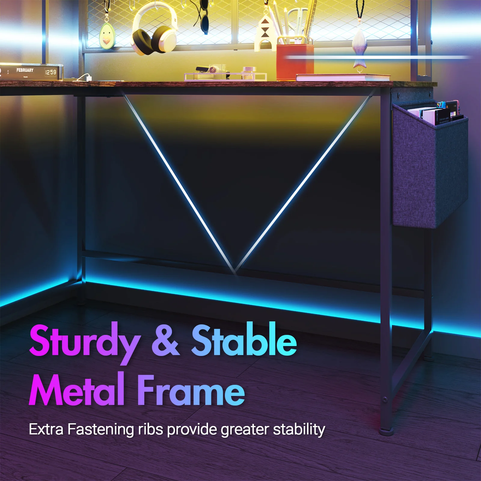 L Shaped Gaming Desk with LED Lights &  Storage Shelf