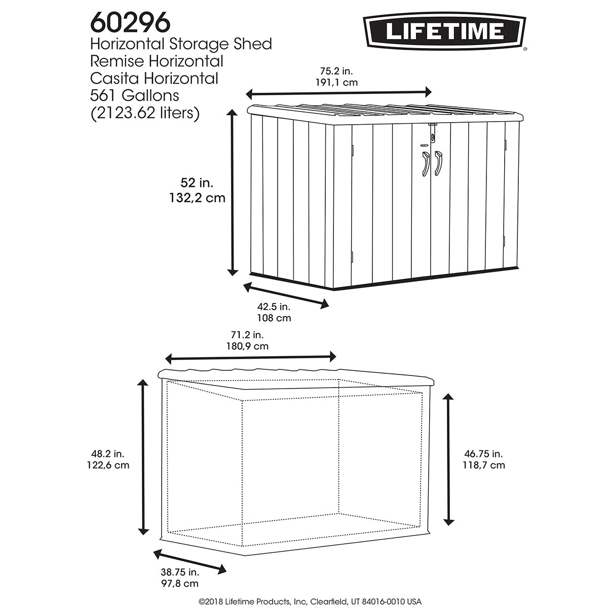 Lifetime 6ft 3??? x 3ft 6??? (1.9 x 1.1m) Horizontal 2,407 Litre Storage Shed