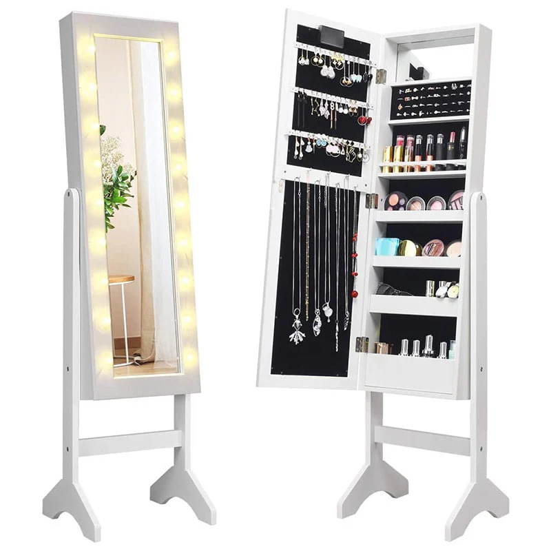 18 LEDs Large Standing Jewelry Armoire Cabinet with Full Length Mirror, 16 Lipstick Holder, 1 Inside Makeup Mirror