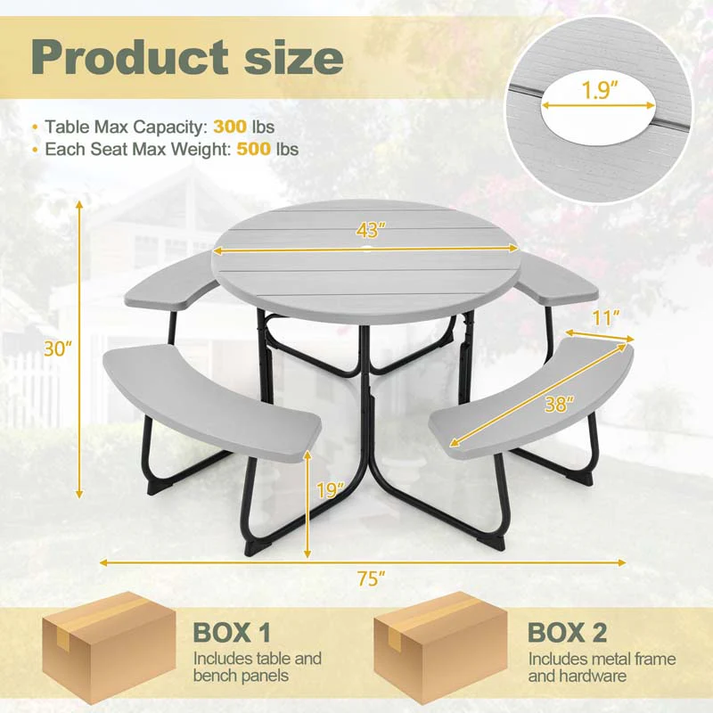 8 Person HDPE Outside Table & Bench Set, Outdoor Round Picnic Table with 4 Built-in Benches, Umbrella Hole, Metal Frame