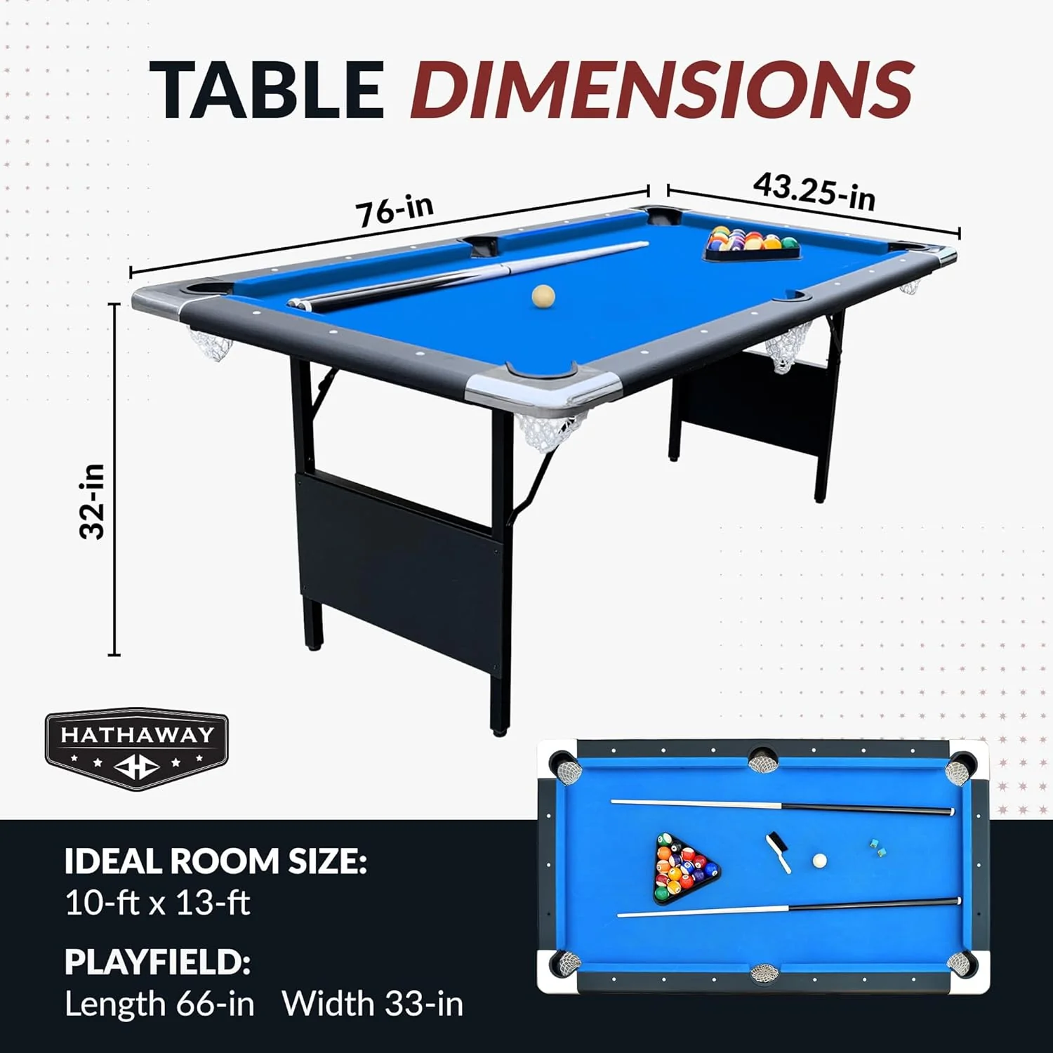 Hathaway Fairmont 6 Ft Portable Pool Table, Adults Folding Billiards Tables for Game Room with Easy Foldable Storage, Includes Full Set of Billiard Balls, Cues, Chalk & Brush