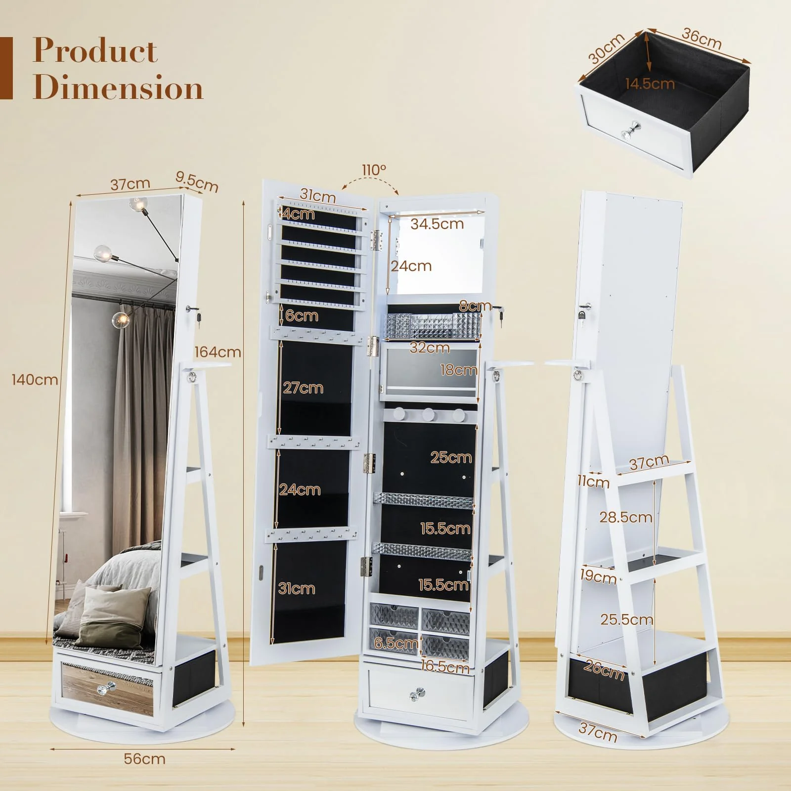 Giantex 360?? Swivel Jewelry Cabinet w/Full-Length Mirror