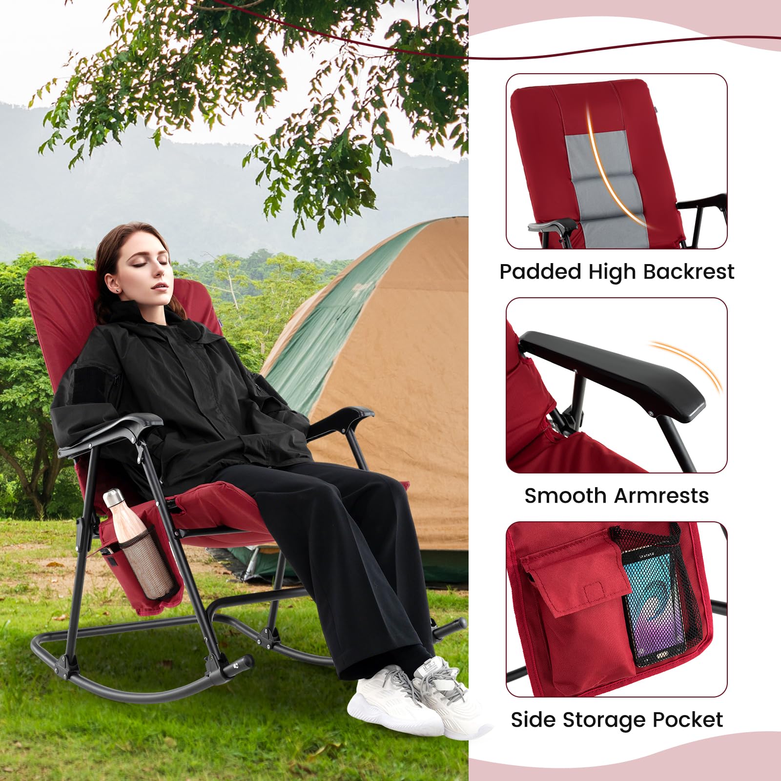 Oversized Folding Rocking Chair, Padded Patio Lounge Rocker w/Metal Frame, Armrests, Side Pocket
