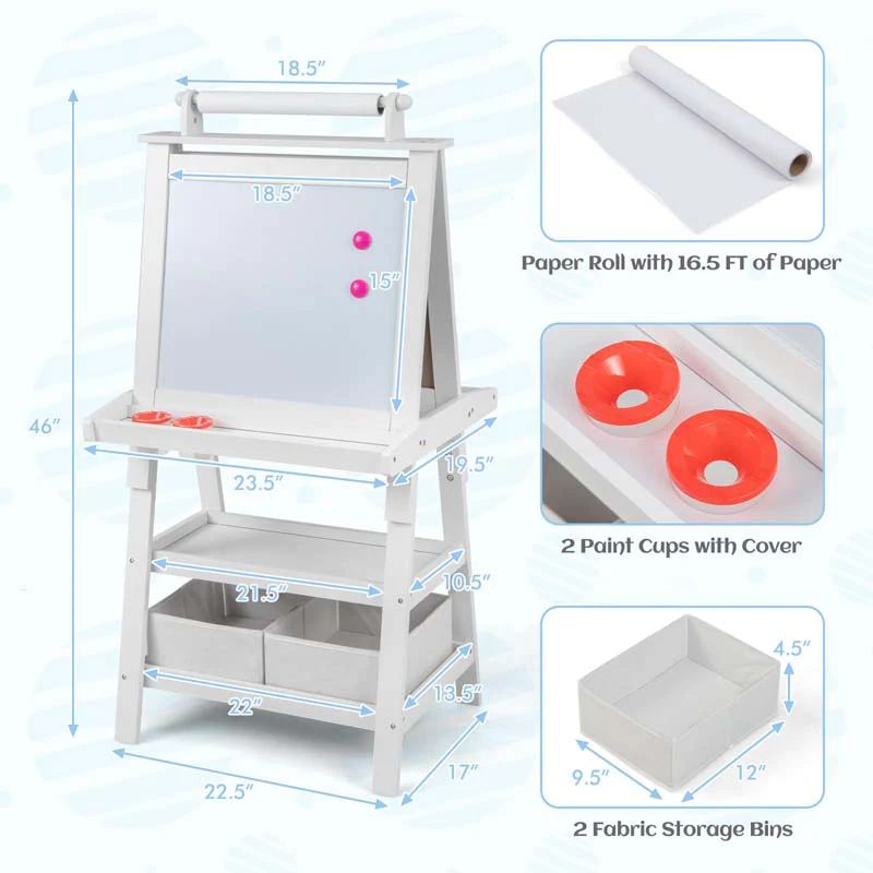 3-in-1 Double-Sided Kids Art Easel, Wooden Storage Toddler Easel with Magnetic White Board & Chalkboard, Paper Roll, Painting Dry Erase