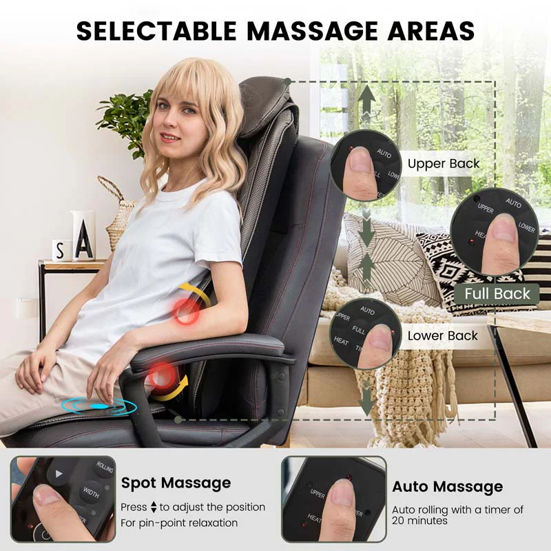Rolling Shiatsu Full Back Massager Chair Pad Massage Seat Cushion with Heat & Vibration, Removable Neck Pillow & Back Flap
