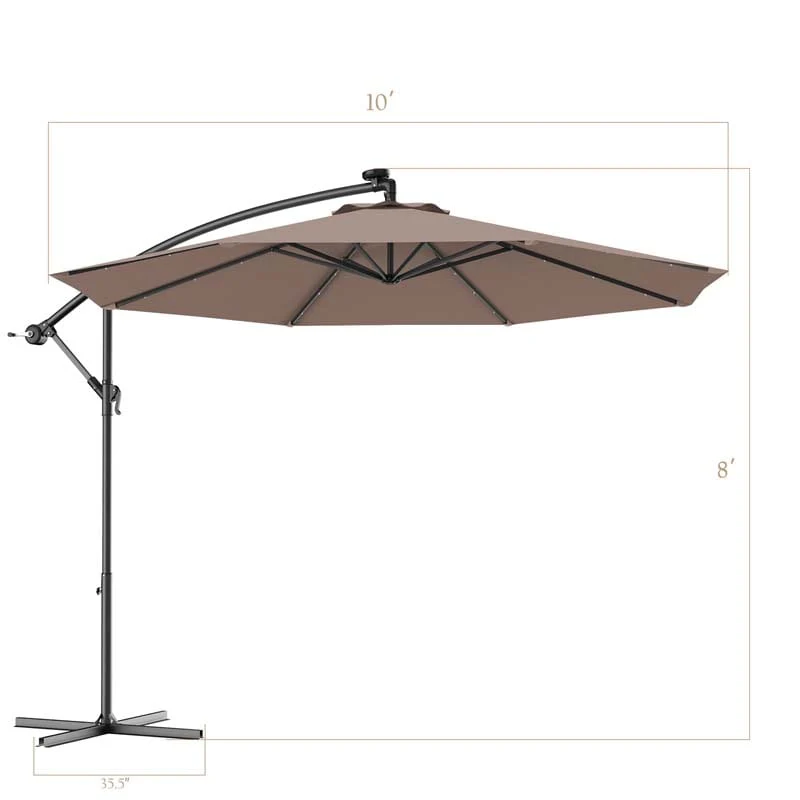 10 FT Offset Patio Umbrella with Solar LED Lights & Cross Base, Large Outdoor Cantilever Umbrella for Sun Rain