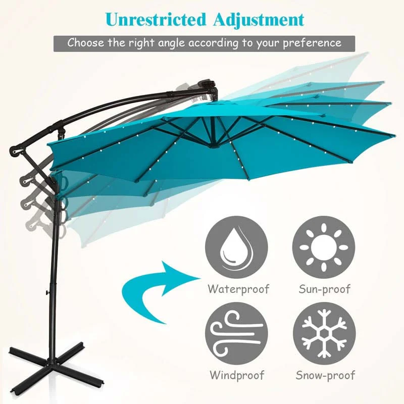 10 FT Patio Offset Umbrella with Solar Lights 360�� Rotation Outdoor Market Umbrella with Crank Handle & Cross Base