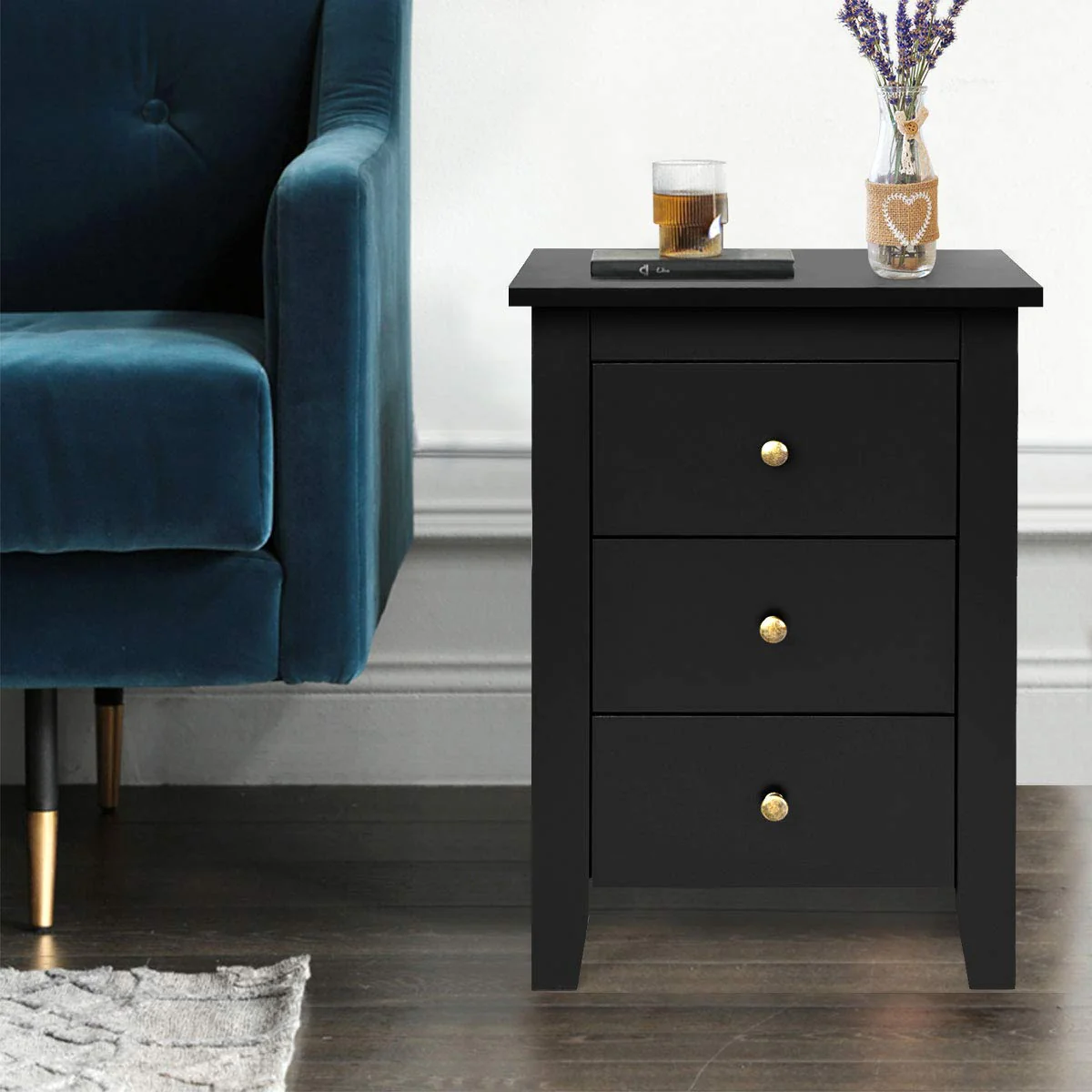 Giantex 2Pcs Bedside Table, Nightstand w/ 3 Drawers & Solid Wood Legs