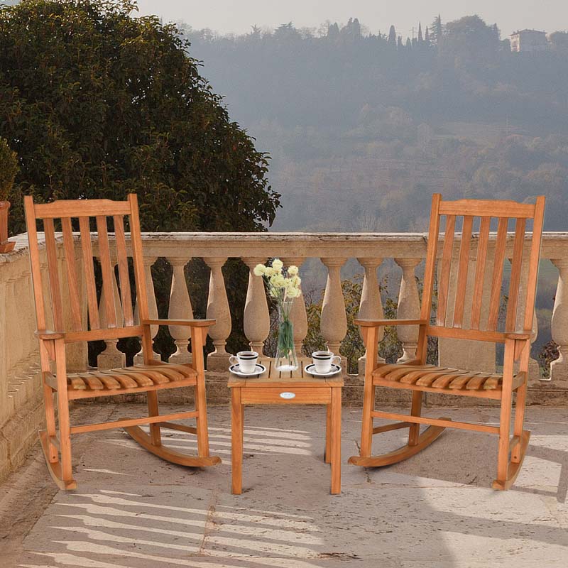 3 Pcs Eucalyptus Rocking Chair Set Outdoor Bistro Set with Accent Coffee Table