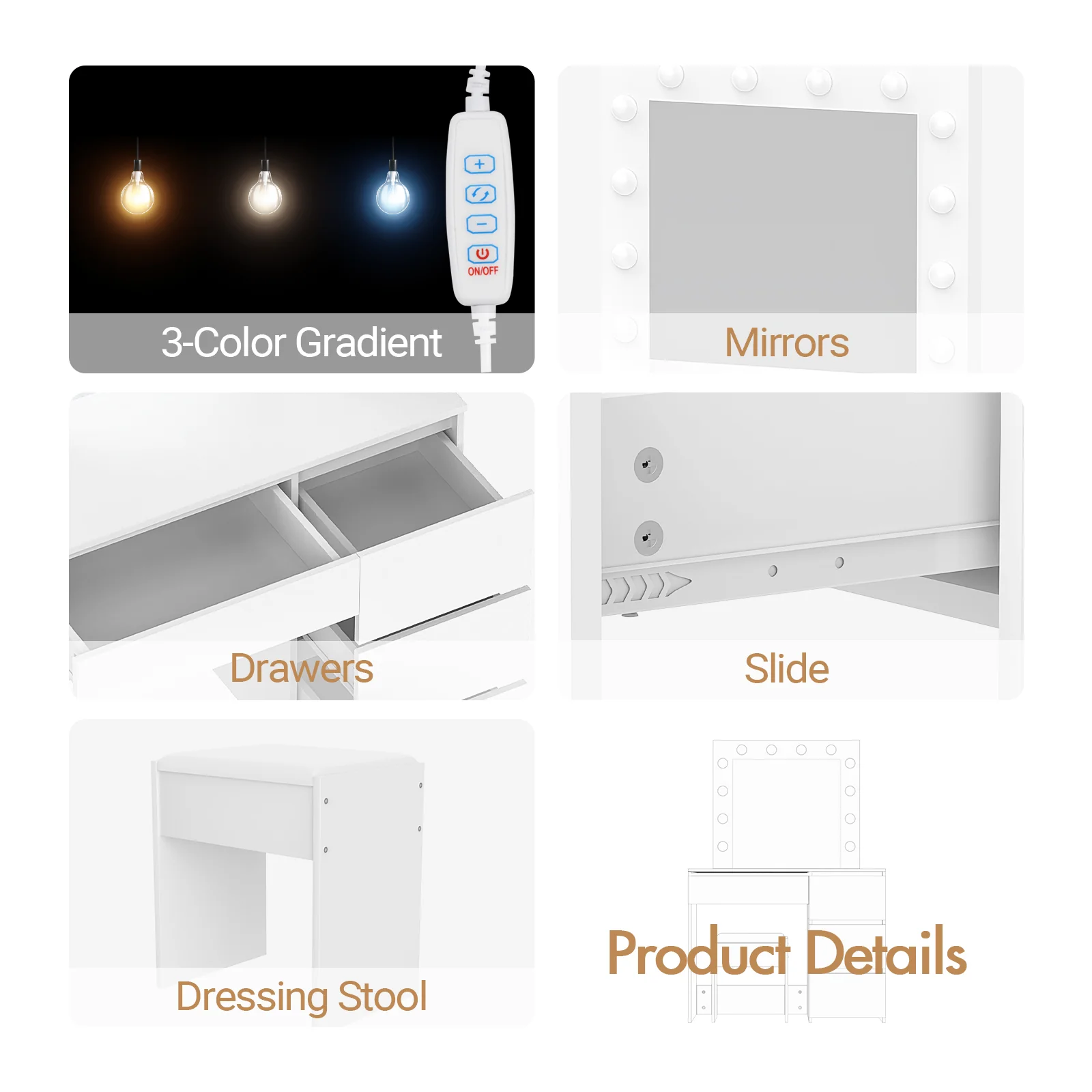 Dressing Table Stool Set 12 LED Bulbs