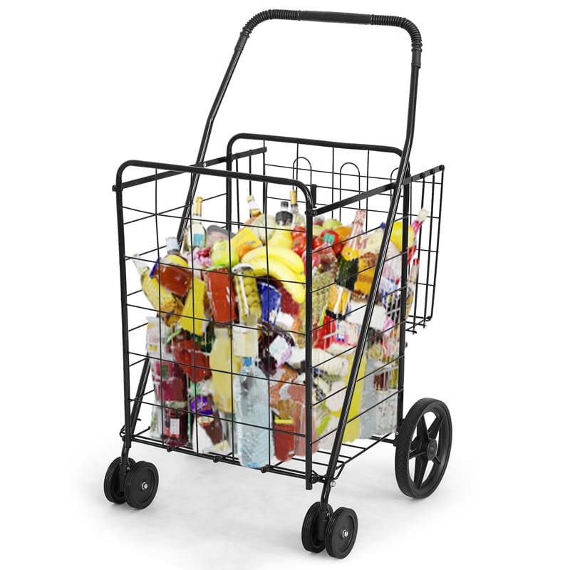 Jumbo Folding Shopping Cart Large Rolling Grocery Utility Cart with Double Basket & 360�� Swivel Wheels