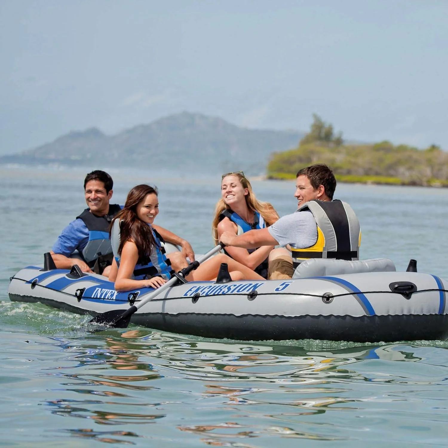 Excursion Inflatable Boat Series: Includes Deluxe 54in Boat Oars and High-Output Pump �C SuperTough PVC �C Adjustable Seats with Backrest �C Fishing Rod Holders �C Welded Oar Locks