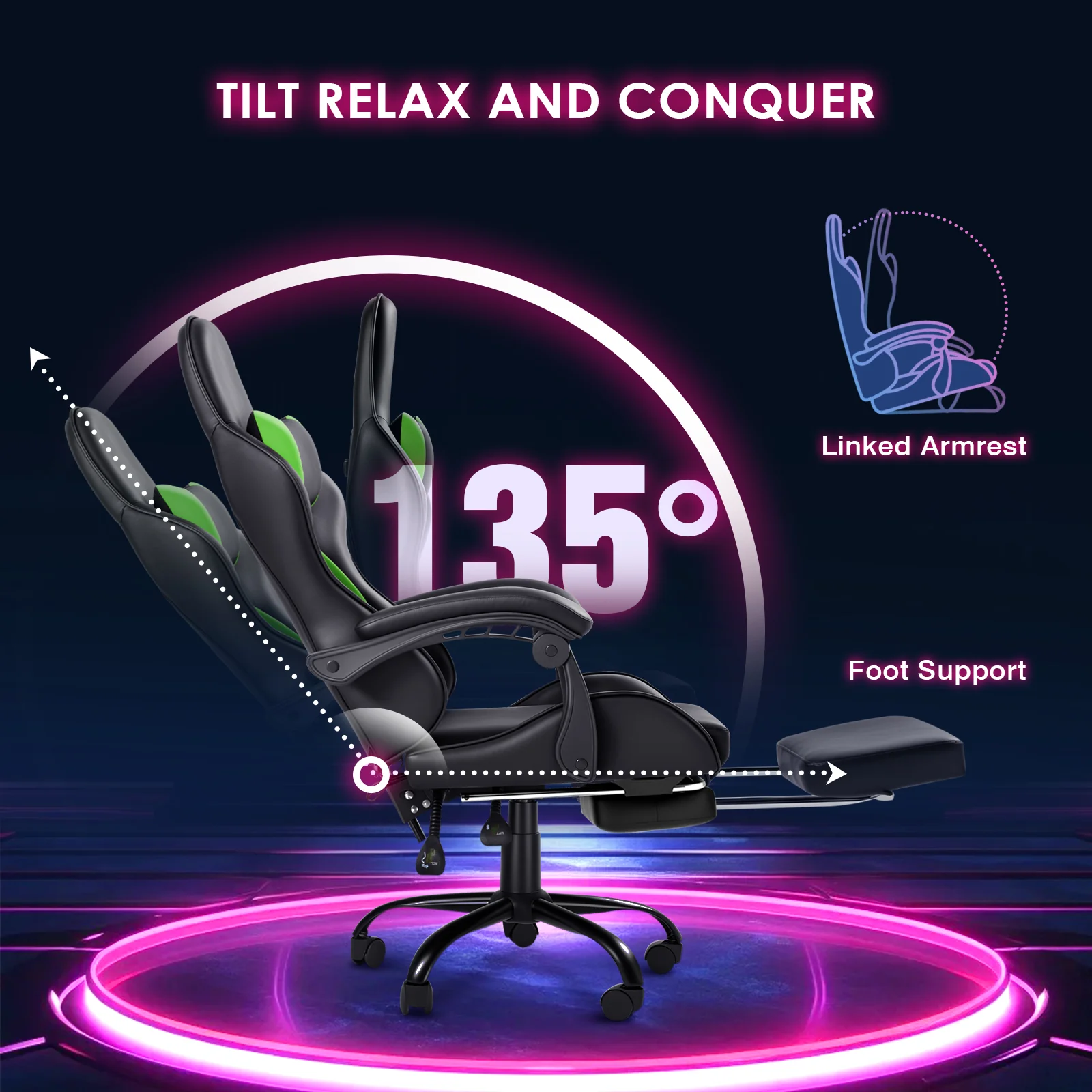 Gaming Chair Massage Lumbar with Footrest Green