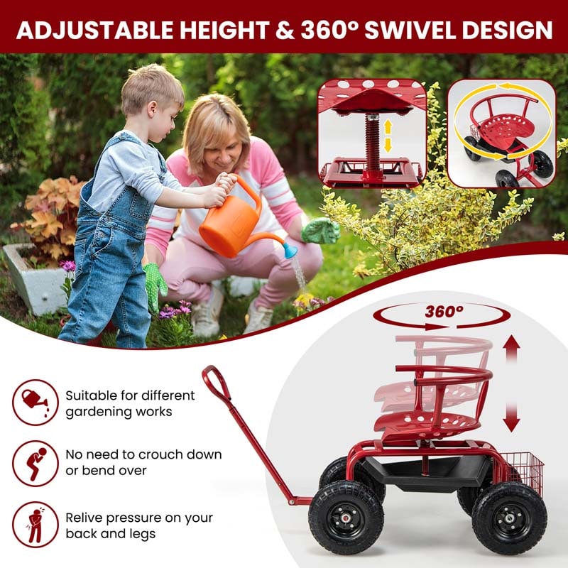 Cushioned Rolling Garden Cart Workseat Yard Wagon Scooter with Storage Basket & Extendable Steering Handle