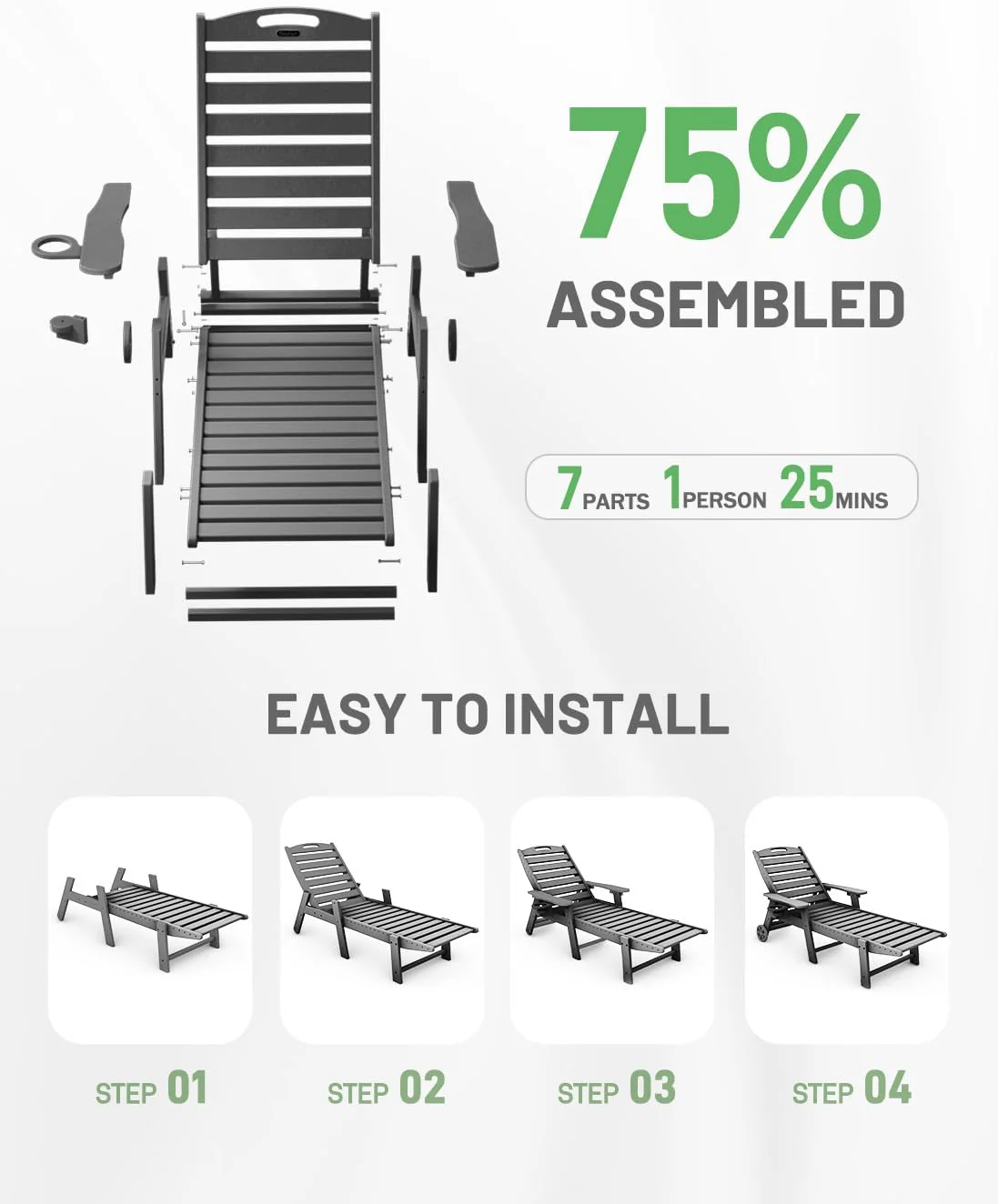 Lounge Chair Outdoor, Chaise Lounge, HDPE 6-Position Outdoor Chaise Lounge, Patio Lounge Chair with Wheels & Cup Holder for Pool Poolside Deck Backyard, Teak