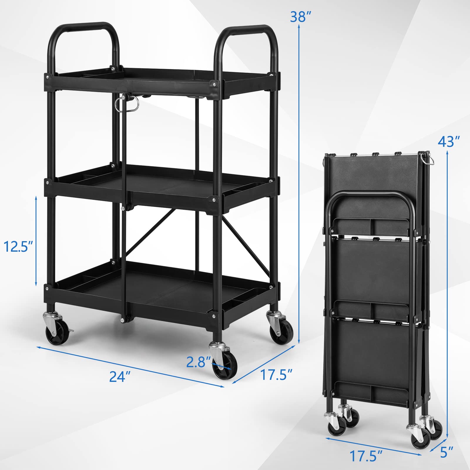 Folding Utility Cart, 3-Tier Rolling Tool Cart with Universal Wheels, 330 LBS Weight Capacity, Black