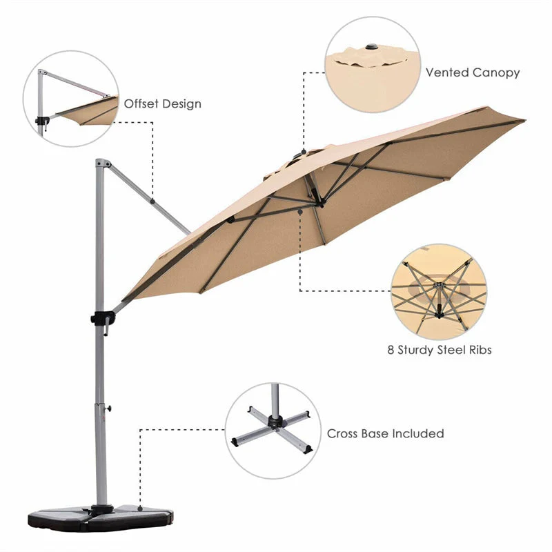 11 FT Patio Offset Cantilever Umbrella 360�� Rotation Tilt with Cross Base & Crank Handle