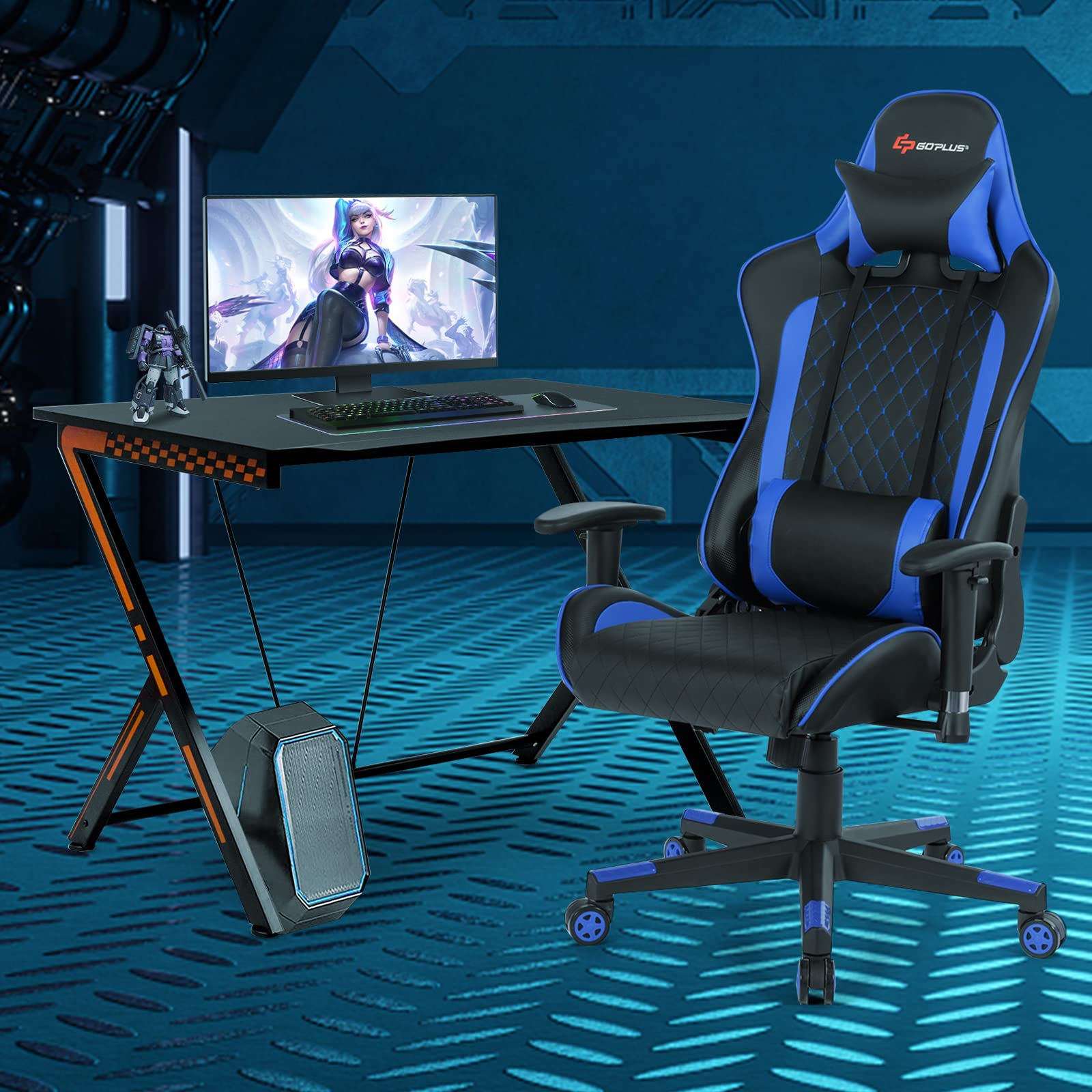 Gaming Desk & Chair Combo Set, Racing Style Home Office Gamer Workstation w/Massage Lumbar Support & Headrest