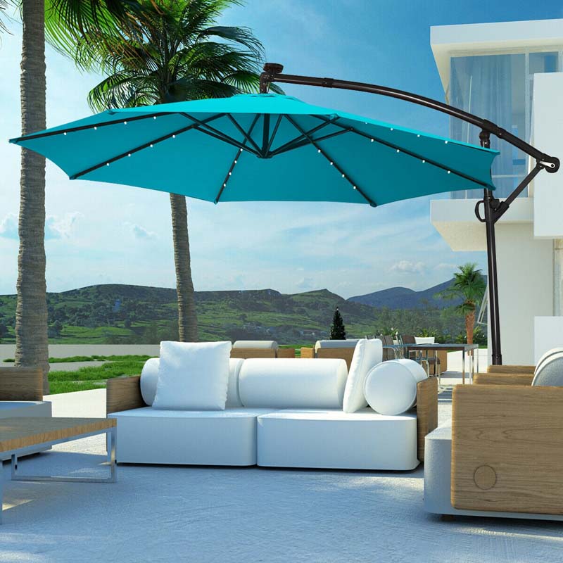 10 FT Patio Offset Umbrella with Solar Lights 360�� Rotation Outdoor Market Umbrella with Crank Handle & Cross Base